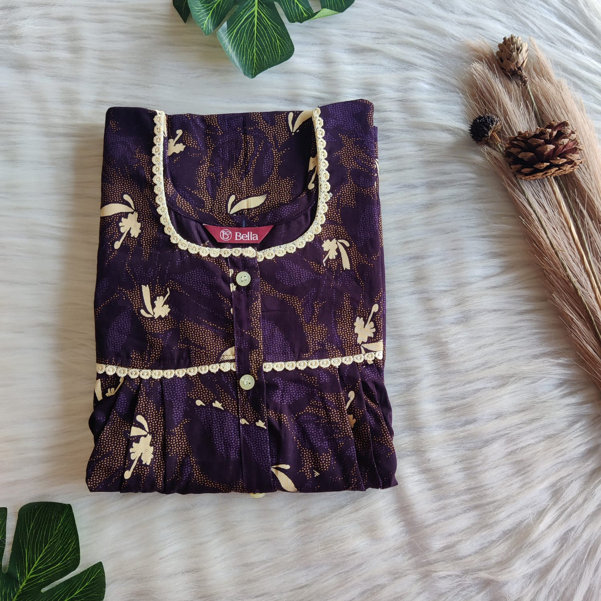 Cream Leaf Printed Wine Discharge Cotton Lace Button Nighty | Free Size | Chest Width 44"| Length 54"-56"