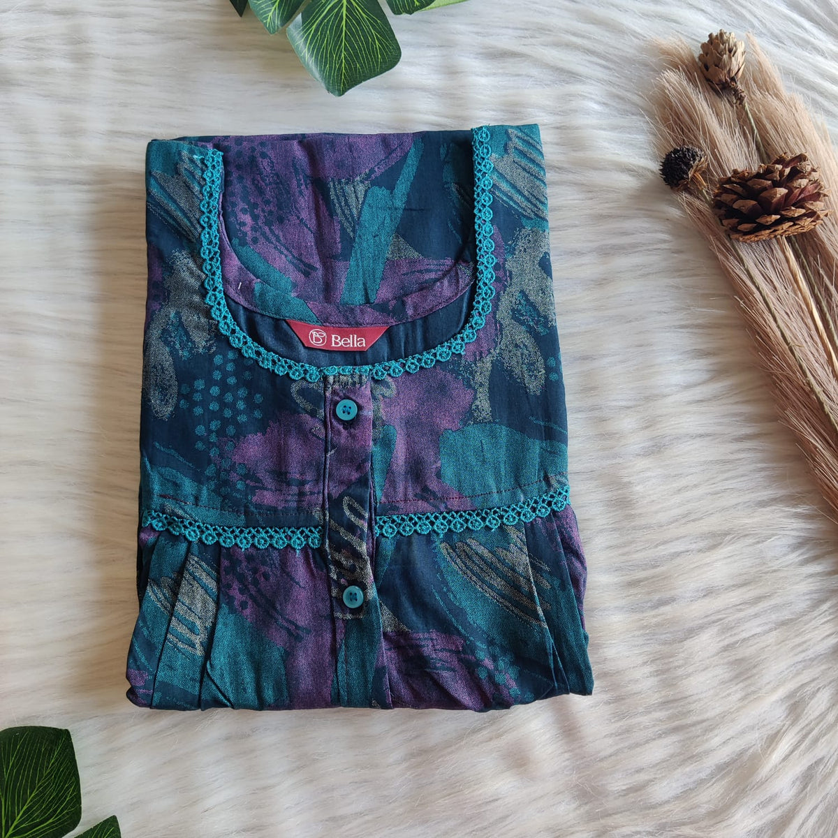 Pink Printed Green Discharge Cotton Lace Button Nighty | Free Size | Chest Width 44"| Length 54"-56"
