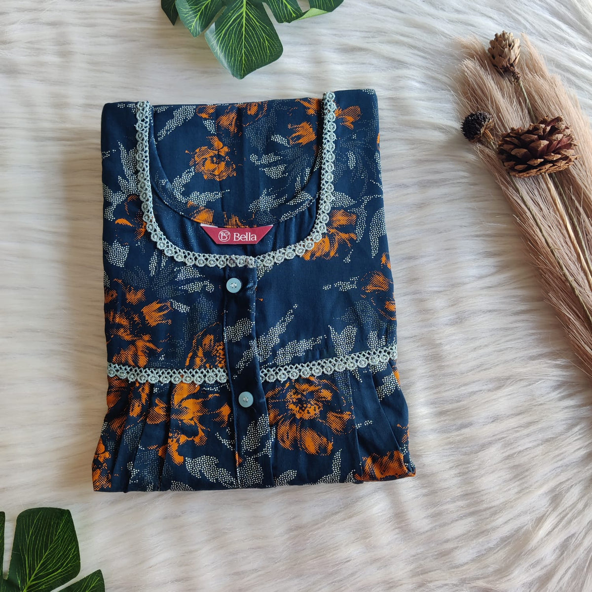 Orange Printed Navy Blue Discharge Cotton Lace Button Nighty | Free Size | Chest Width 44"| Length 54"-56"