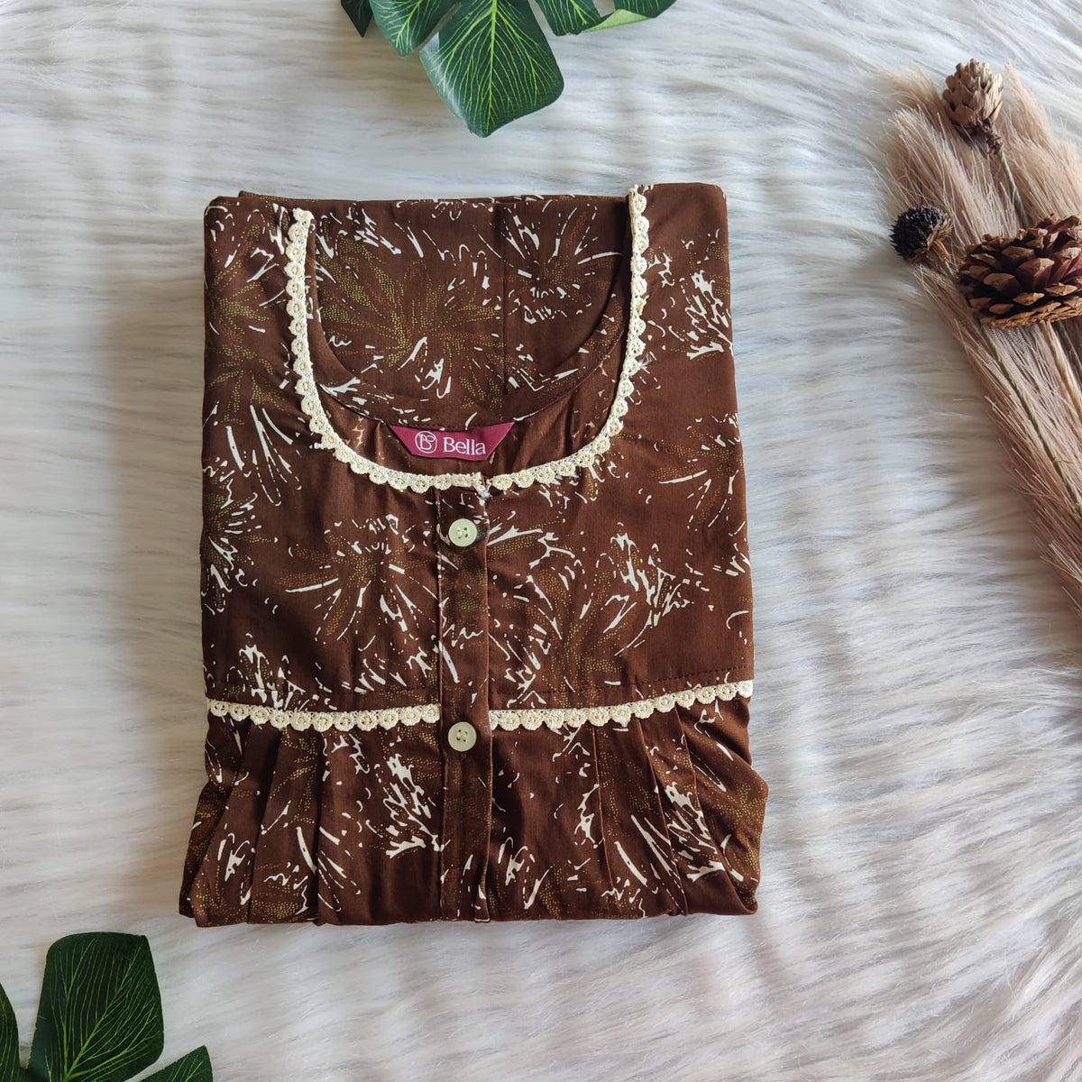 Brown Printed Discharge Cotton Lace Button Nighty | Free Size | Chest Width 44"| Length 54"-56"
