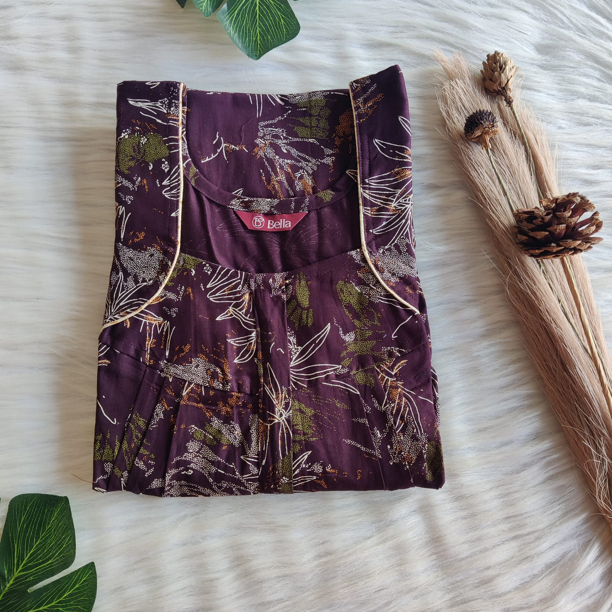 Wine Floral Printed Discharge Cotton Pleated Zip Nighty | Chest Width 44″ | Length 54″-55″