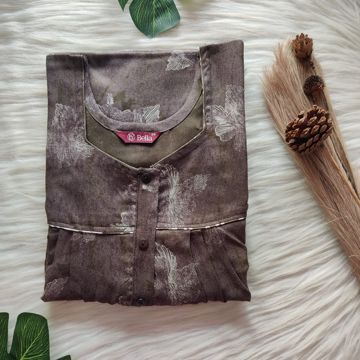 Brown Printed Alpine Plus Size Button Zip Nighty | Free Size | Chest Width 50″| Length 55″-56″