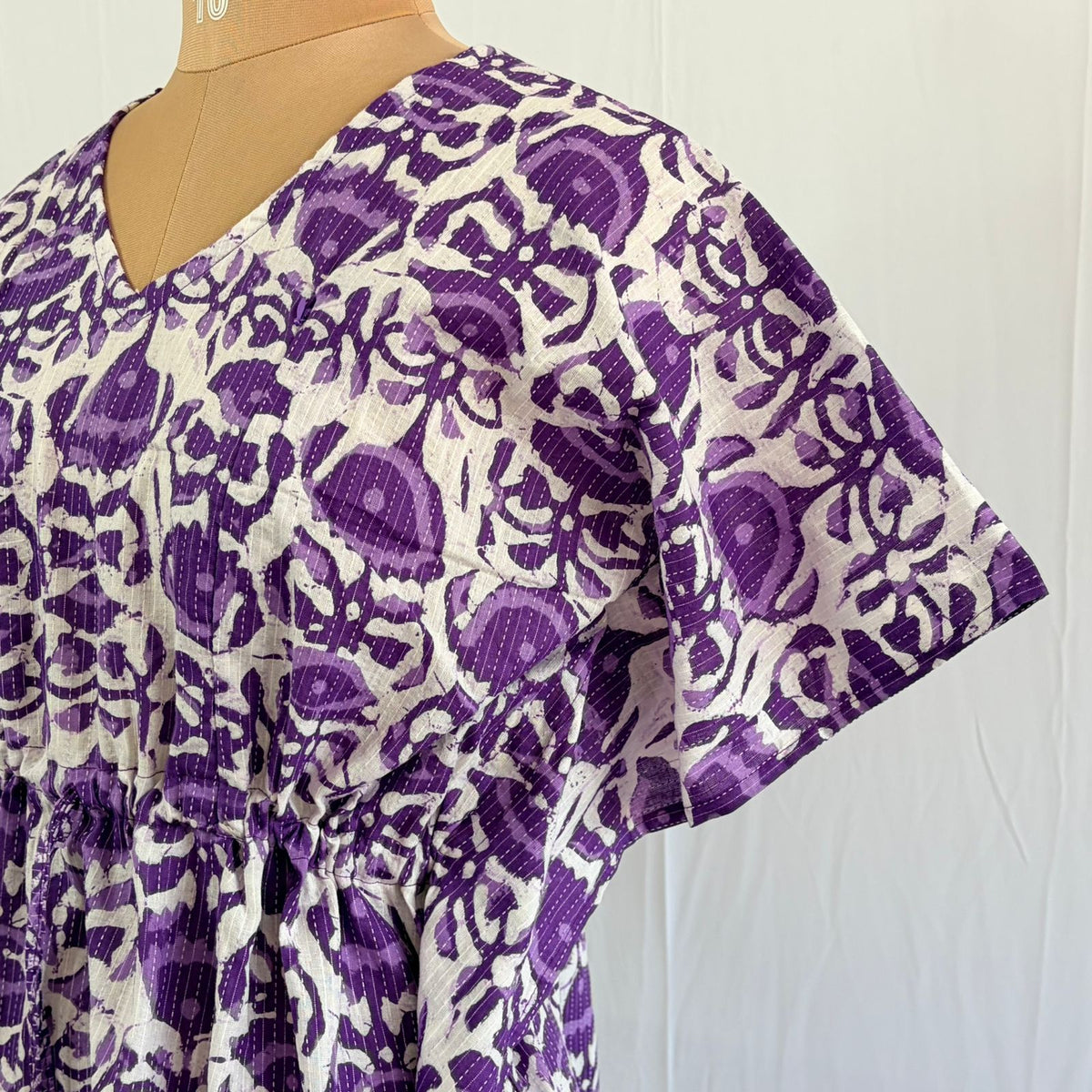 Purple Floral Printed White Kantha Cotton Feeding Kaftan Loungewear Pyjama Set | Free Size