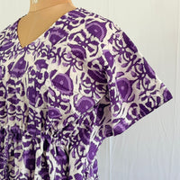 Purple Floral Printed White Kantha Cotton Feeding Kaftan Loungewear Pyjama Set | Free Size