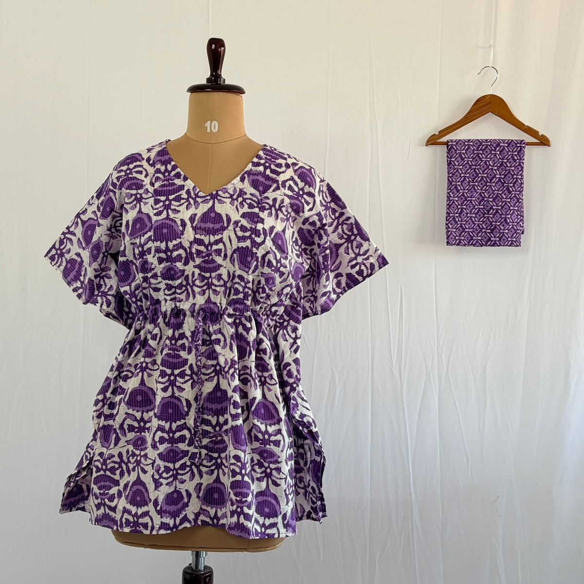 Purple Floral Printed White Kantha Cotton Feeding Kaftan Loungewear Pyjama Set | Free Size