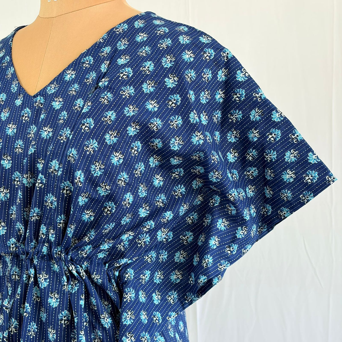 Blue Floral Printed Kantha Cotton Feeding Kaftan Loungewear Pyjama Set | Free Size