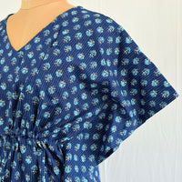 Blue Floral Printed Kantha Cotton Feeding Kaftan Loungewear Pyjama Set | Free Size