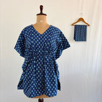Blue Floral Printed Kantha Cotton Feeding Kaftan Loungewear Pyjama Set | Free Size