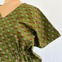 Red And White Floral Printed Green Kantha Cotton Feeding Kaftan Loungewear Pyjama Set | Free Size