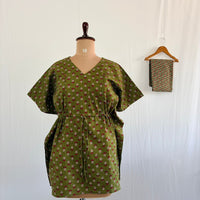Red And White Floral Printed Green Kantha Cotton Feeding Kaftan Loungewear Pyjama Set | Free Size