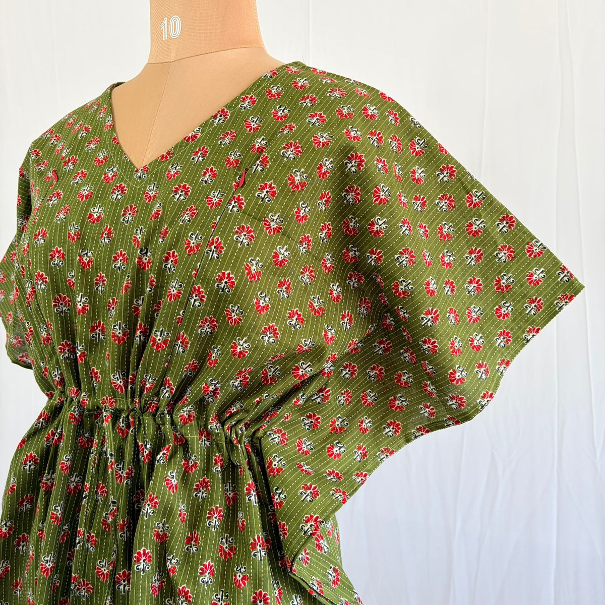 Green Floral Printed Kantha Cotton Feeding Kaftan Loungewear Pyjama Set | Free Size