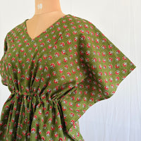 Green Floral Printed Kantha Cotton Feeding Kaftan Loungewear Pyjama Set | Free Size