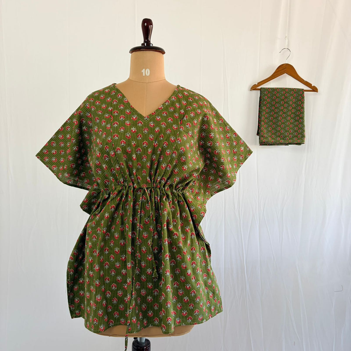 Green Floral Printed Kantha Cotton Feeding Kaftan Loungewear Pyjama Set | Free Size