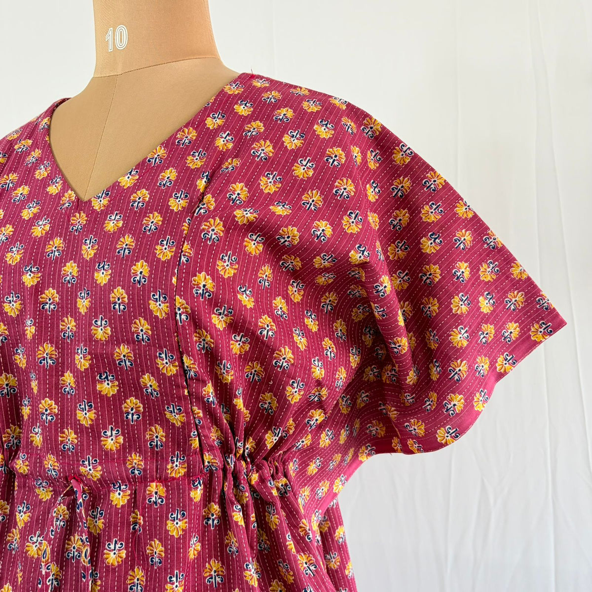 Mauve Floral Printed Kantha Cotton Feeding Kaftan Loungewear Pyjama Set | Free Size