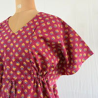 Mauve Floral Printed Kantha Cotton Feeding Kaftan Loungewear Pyjama Set | Free Size