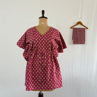 Mauve Floral Printed Kantha Cotton Feeding Kaftan Loungewear Pyjama Set | Free Size