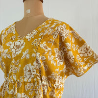 Yellow Floral Printed Kantha Cotton Feeding Kaftan Loungewear Pyjama Set | Free Size
