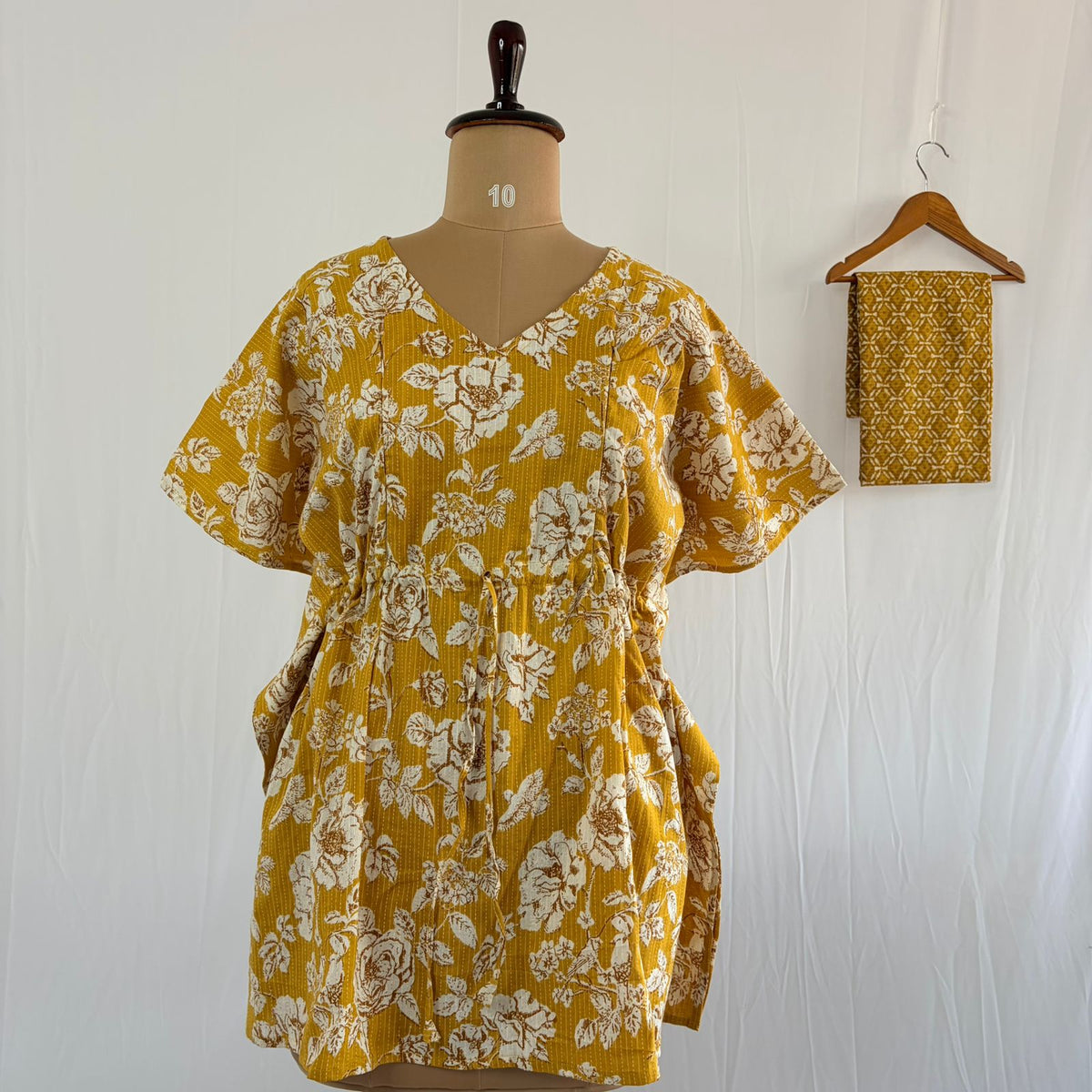 Yellow Floral Printed Kantha Cotton Feeding Kaftan Loungewear Pyjama Set | Free Size