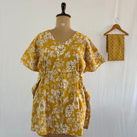 Yellow Floral Printed Kantha Cotton Feeding Kaftan Loungewear Pyjama Set | Free Size