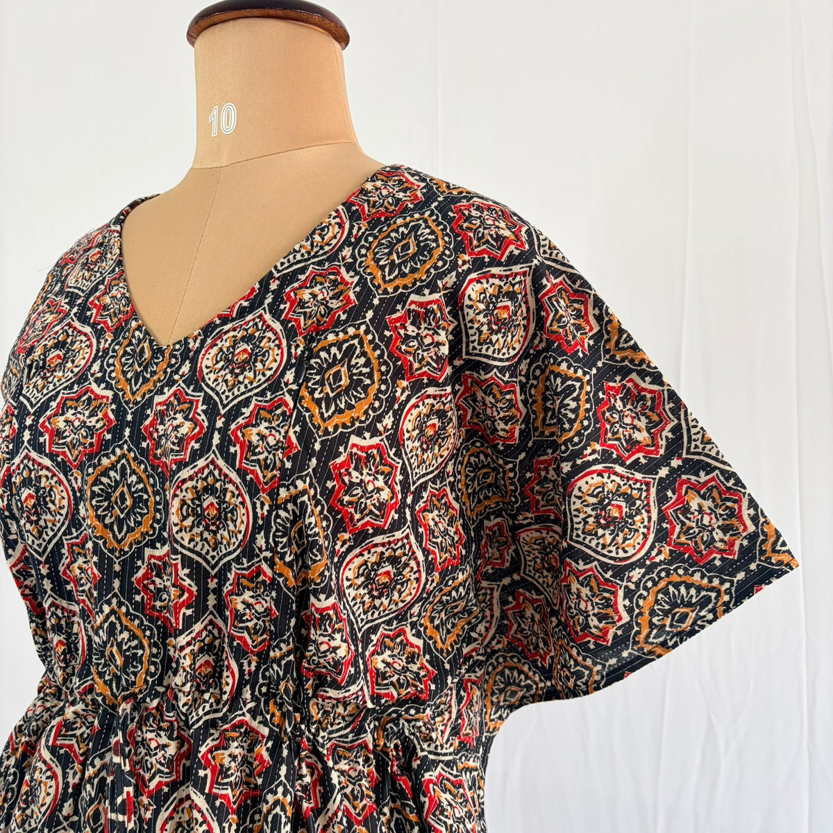 Black Ajrakh Printed Kantha Cotton Feeding Kaftan Loungewear Pyjama Set | Free Size
