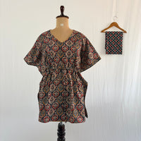 Black Ajrakh Printed Kantha Cotton Feeding Kaftan Loungewear Pyjama Set | Free Size