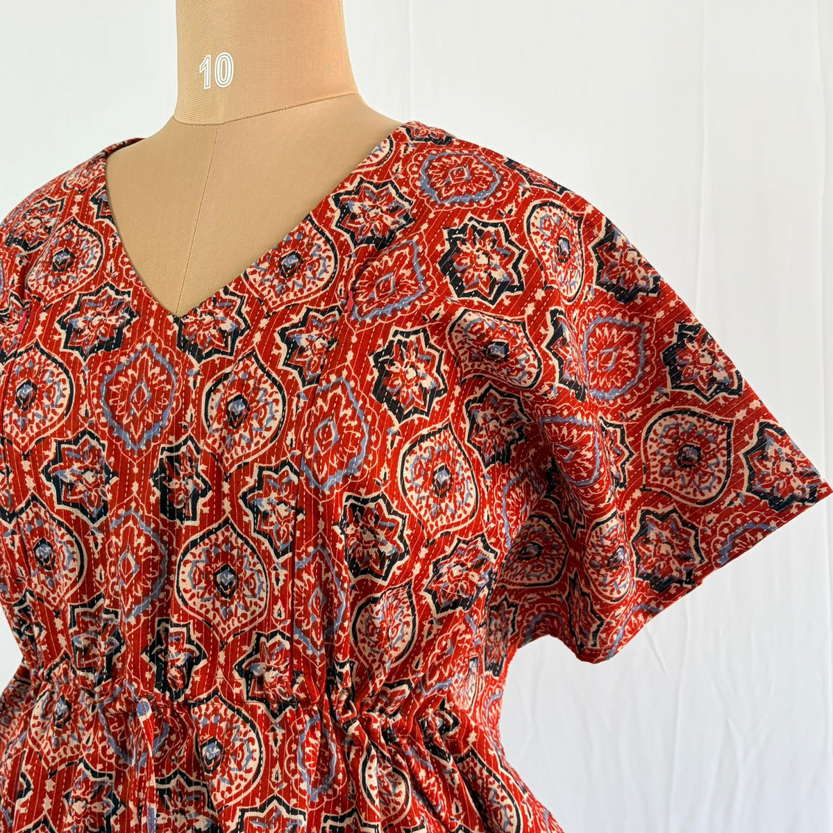 Maroon Ajrakh Printed Kantha Cotton Feeding Kaftan Loungewear Pyjama Set | Free Size