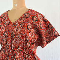 Maroon Ajrakh Printed Kantha Cotton Feeding Kaftan Loungewear Pyjama Set | Free Size