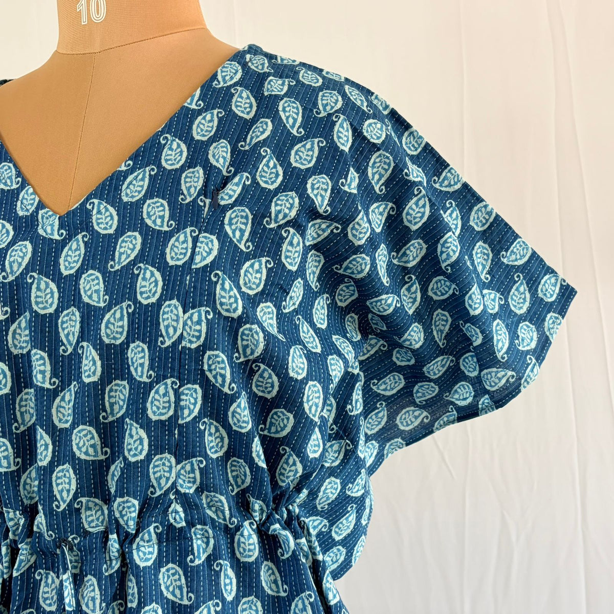 Blue Kalamkari Printed Kantha Cotton Feeding Kaftan Loungewear Pyjama Set | Free Size