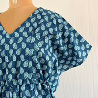 Blue Kalamkari Printed Kantha Cotton Feeding Kaftan Loungewear Pyjama Set | Free Size