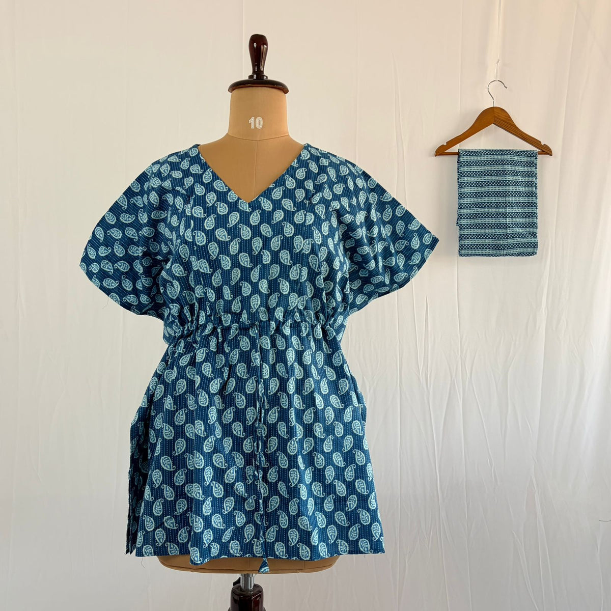 Blue Kalamkari Printed Kantha Cotton Feeding Kaftan Loungewear Pyjama Set | Free Size