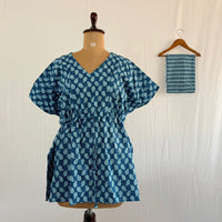 Blue Kalamkari Printed Kantha Cotton Feeding Kaftan Loungewear Pyjama Set | Free Size