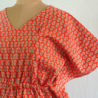 Orange Kalamkari Printed Kantha Cotton Feeding Kaftan Loungewear Pyjama Set | Free Size