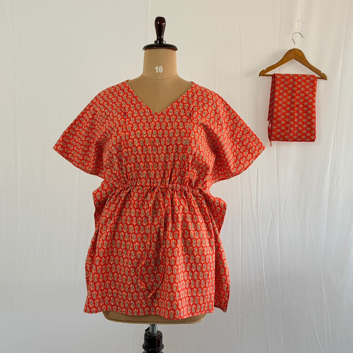 Orange Kalamkari Printed Kantha Cotton Feeding Kaftan Loungewear Pyjama Set | Free Size