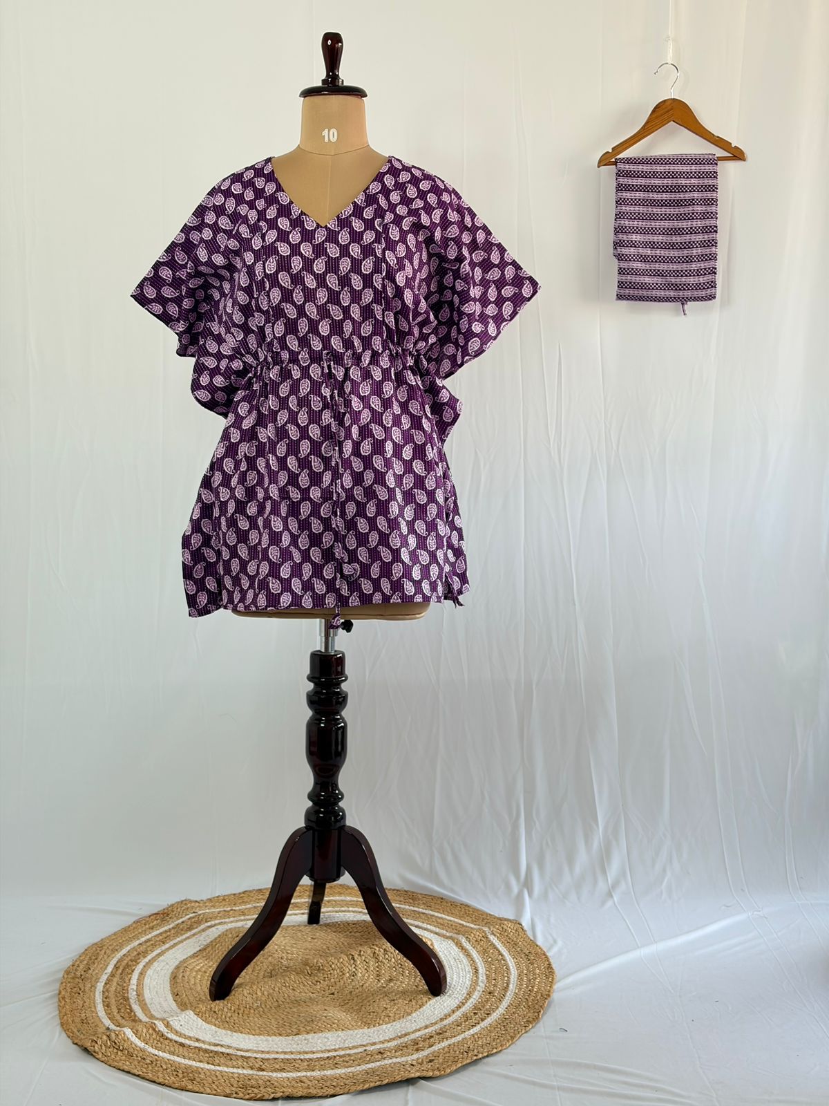 Purple Kalamkari Printed Kantha Cotton Feeding Kaftan Loungewear Pyjama Set | Free Size