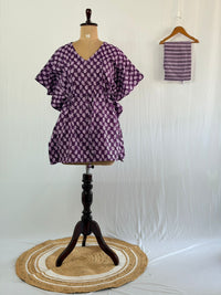 Purple Kalamkari Printed Kantha Cotton Feeding Kaftan Loungewear Pyjama Set | Free Size