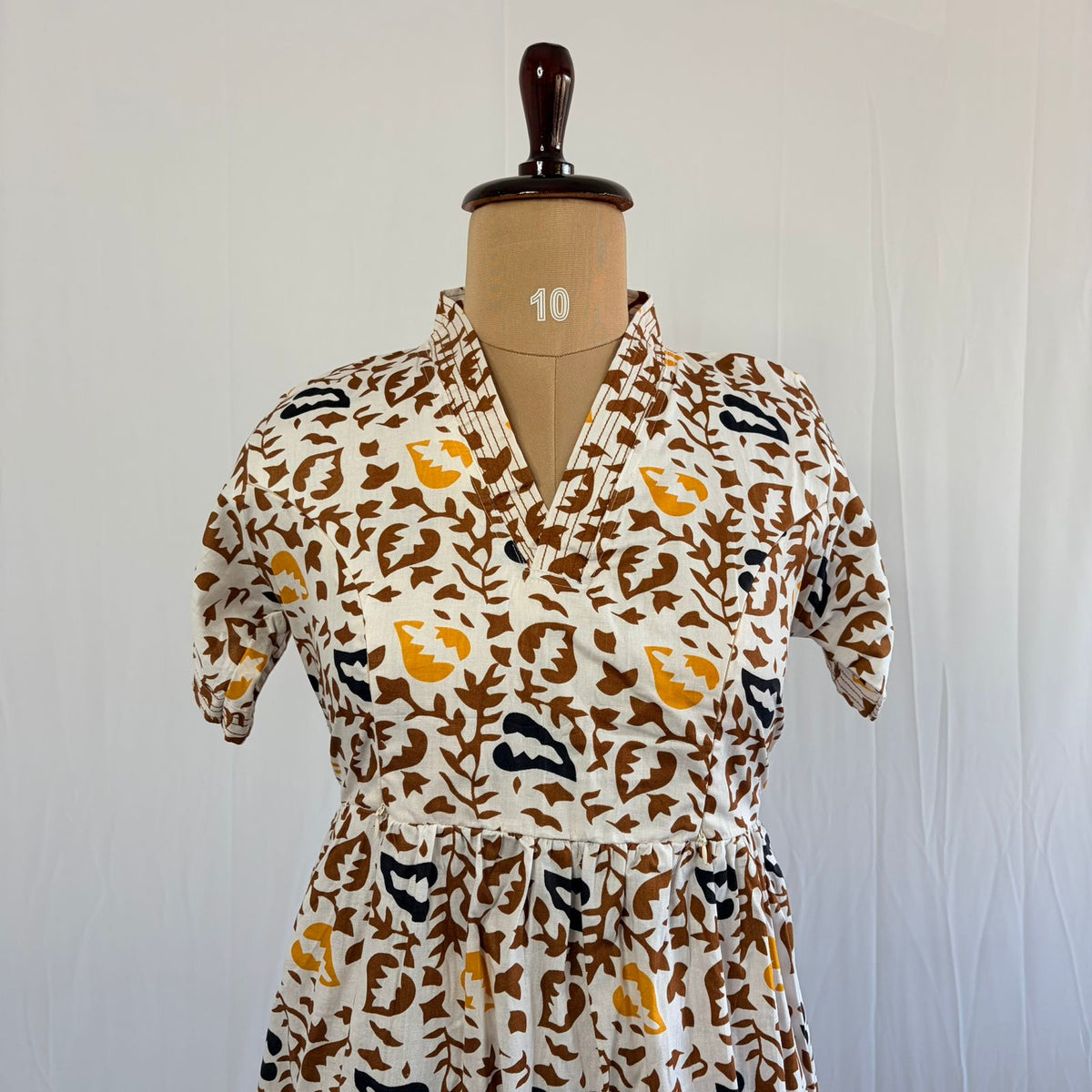 Brown And White Printed Premium Cotton V Collar Neck Short Maternity Gown | Free Size |