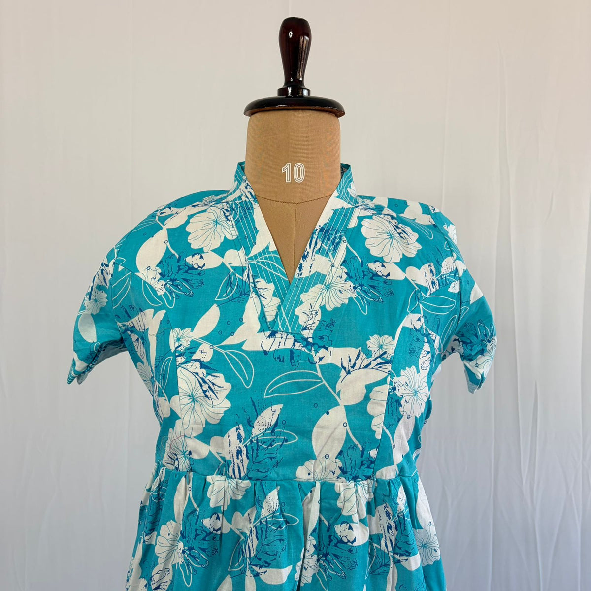 Blue Floral Printed Premium Cotton V Collar Neck Short Maternity Gown | Free Size |