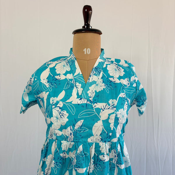Blue Floral Printed Premium Cotton V Collar Neck Short Maternity Gown | Free Size |