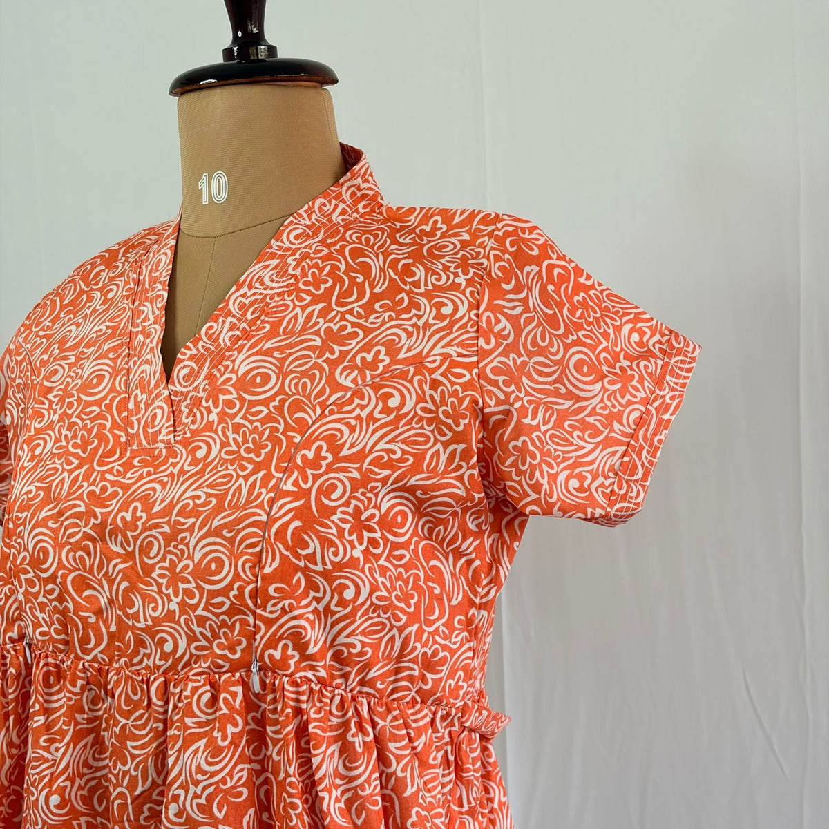 Orange Floral Printed Premium Cotton V Collar Neck Short Maternity Gown | Free Size |