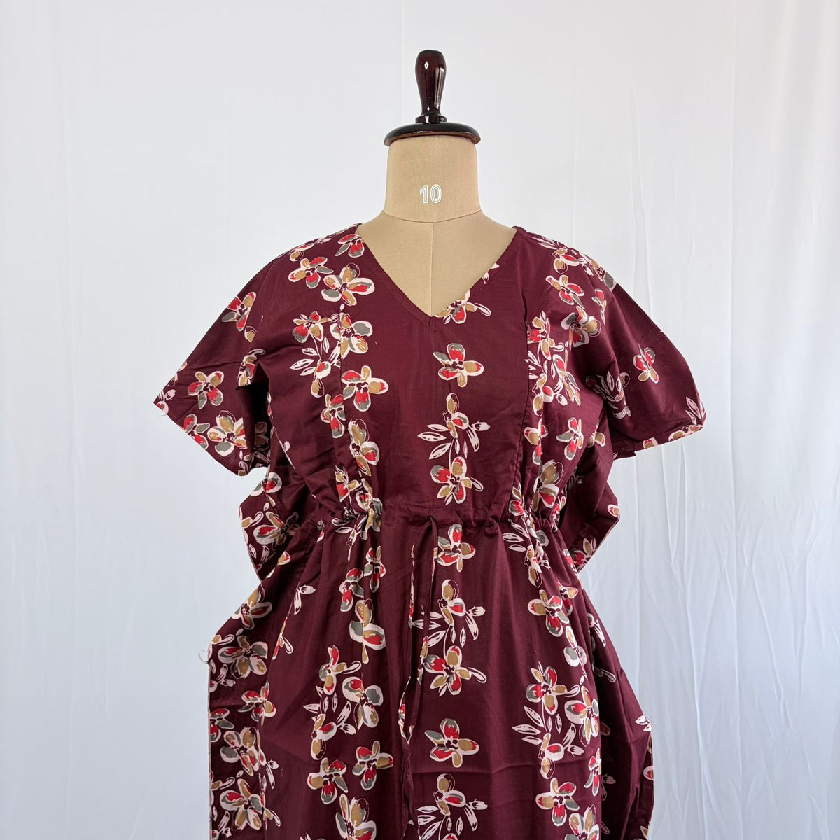 Maroon Floral Printed Premium Cotton Feeding Kaftan | Free Size | Chest Width 44″| Length 56″