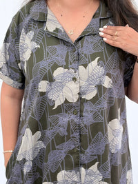 White Floral Printed Olive Green Alpine Full Open Long Polo Shirt Dress | Side Pocket | Free Size | Chest Width 44″| Length 44″