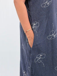Navy-Blue Floral Printed Alpine Full Open Long Polo Shirt Dress | Side Pocket | Free Size | Chest Width 44″| Length 44″