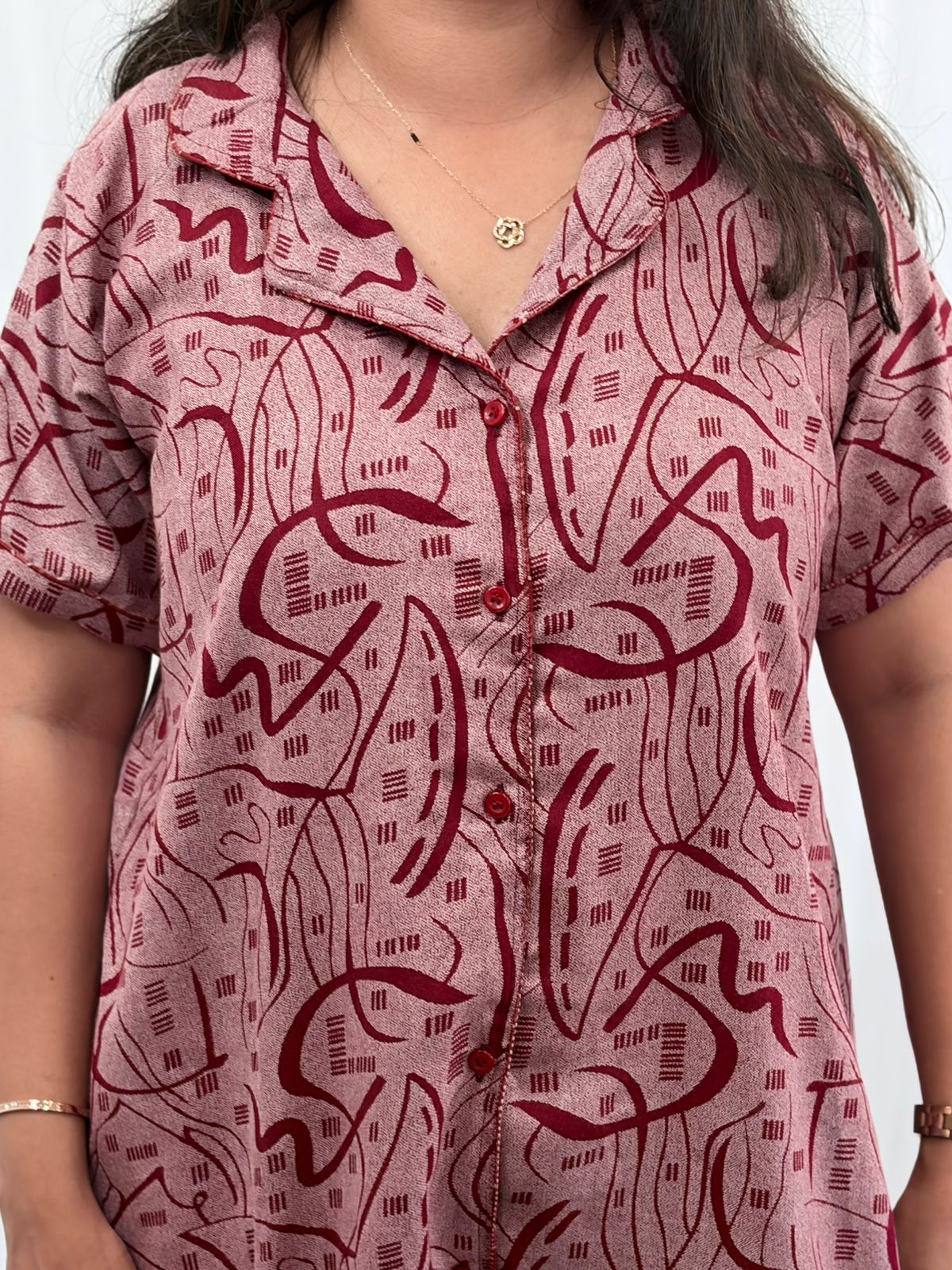 Maroon Printed Alpine Full Open Long Polo Shirt Dress | Side Pocket | Free Size | Chest Width 44″| Length 44″