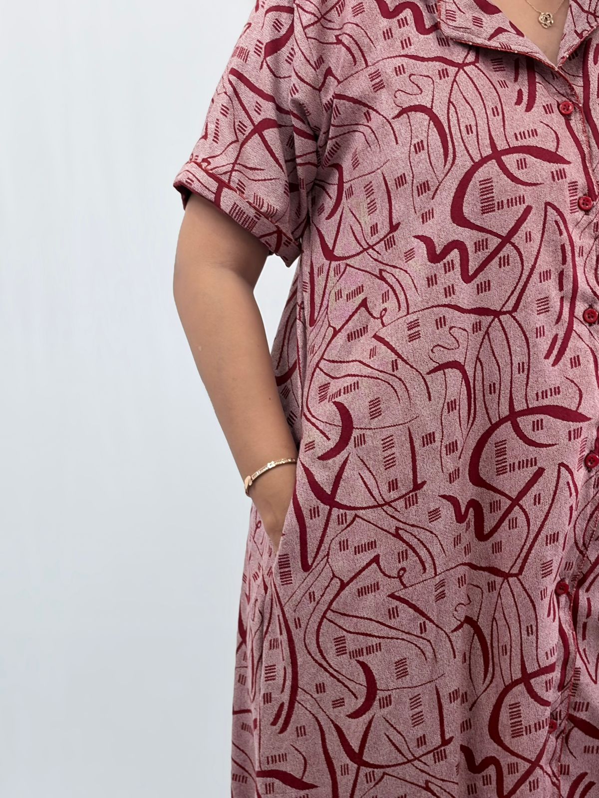 Maroon Printed Alpine Full Open Long Polo Shirt Dress | Side Pocket | Free Size | Chest Width 44″| Length 44″