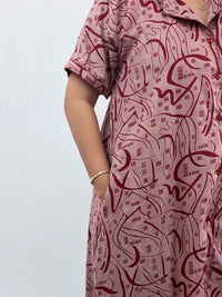 Maroon Printed Alpine Full Open Long Polo Shirt Dress | Side Pocket | Free Size | Chest Width 44″| Length 44″