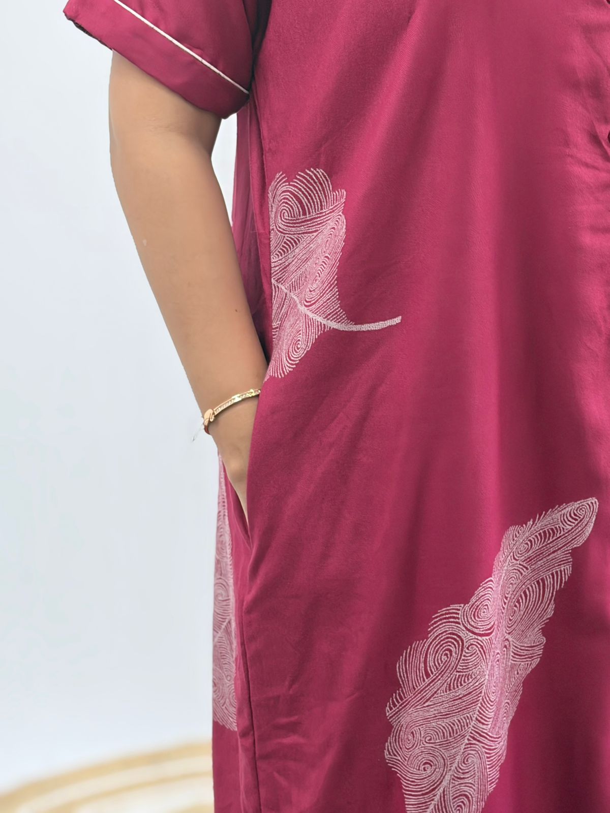Maroon Leaf Printed Alpine Full Open Long Polo Shirt Dress | Side Pocket | Free Size | Chest Width 44″| Length 44″