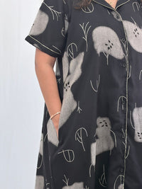 Black Printed Alpine Full Open Long Polo Shirt Dress | Side Pocket | Free Size | Chest Width 44″| Length 44″
