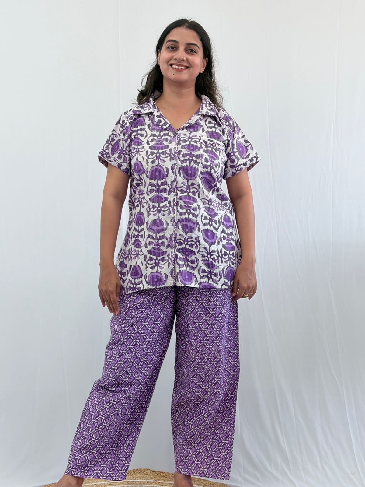 Violet Floral Printed Kantha Cotton Shirt Pyjama Set | Free Size |