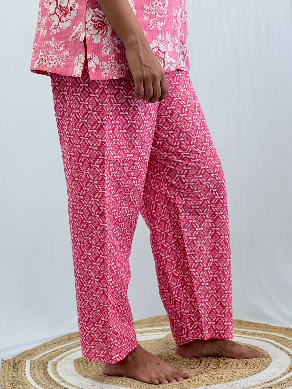 Pastel Pink Floral Printed Kantha Cotton Shirt Pyjama Set | Free Size |