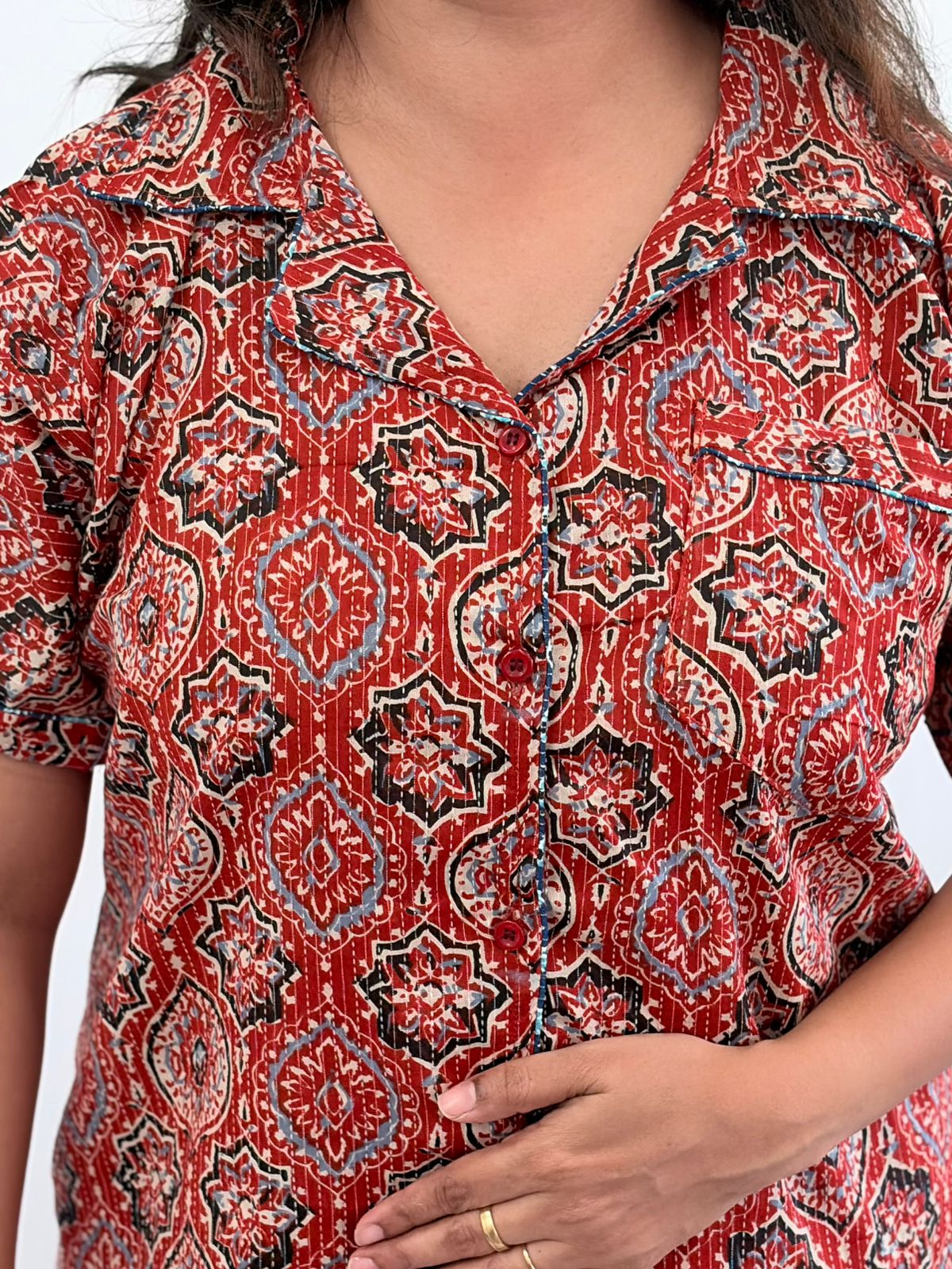 Maroon Ajrakh Printed Kantha Cotton Shirt Pyjama Set | Free Size |
